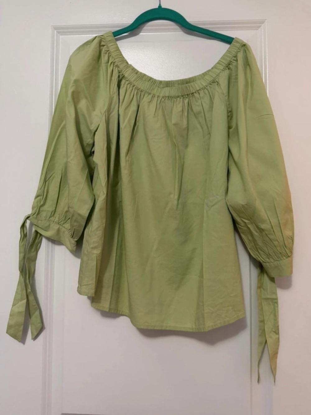 LOFT Light Green Off-Shoulder Tie-Sleeve Blouse